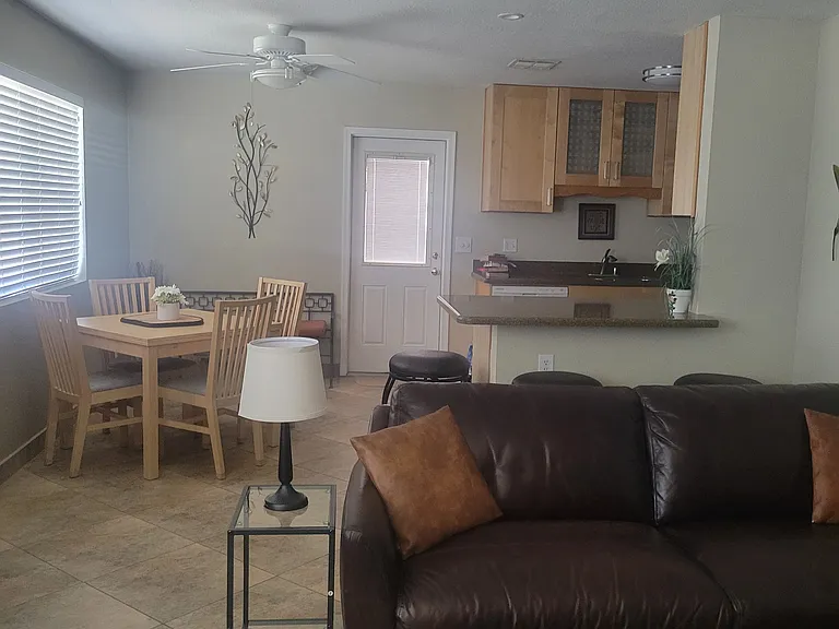 View from living room to kitchen.