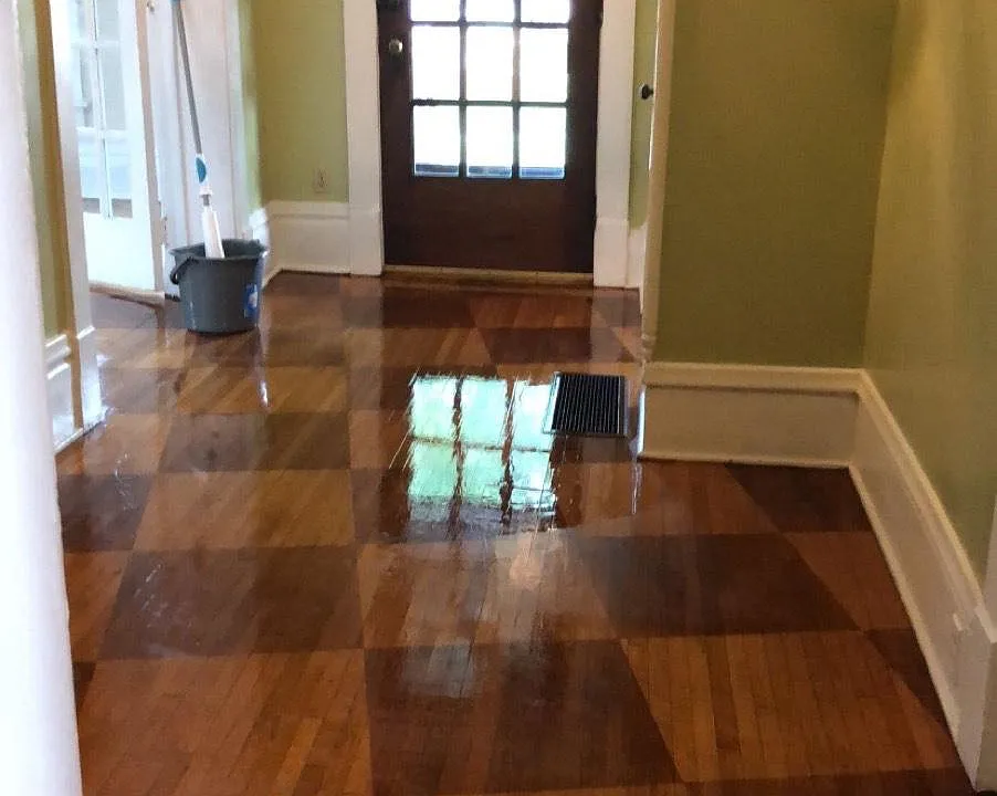 Entry hallway, view from dining room. Living room on left, kitchen on right.