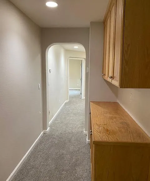 upstairs hallway with built-in cabinets and new carpet