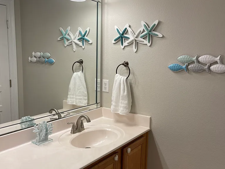 Primary bathroom with double sinks.
