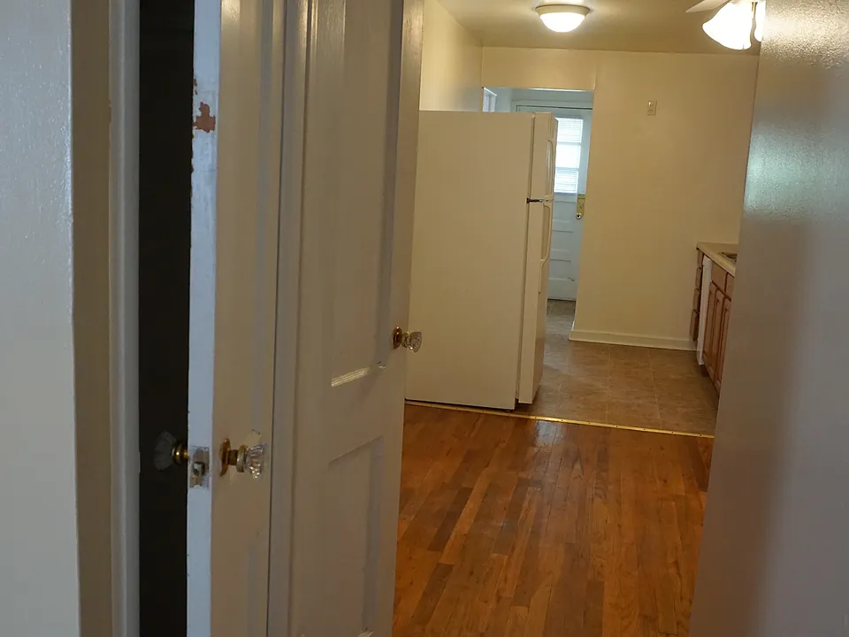 Hallway to dining/kitchen area with 2 closets.
