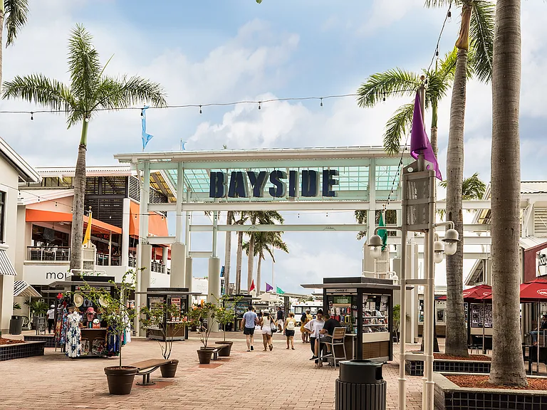 Shop, dine, and be entertained at the two-story open air shopping center, Bayside Marketplace