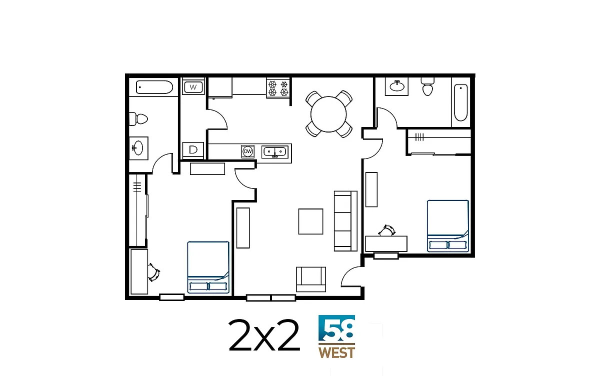 Floor plan 2 Bed 2 Bath Pricing Per Room