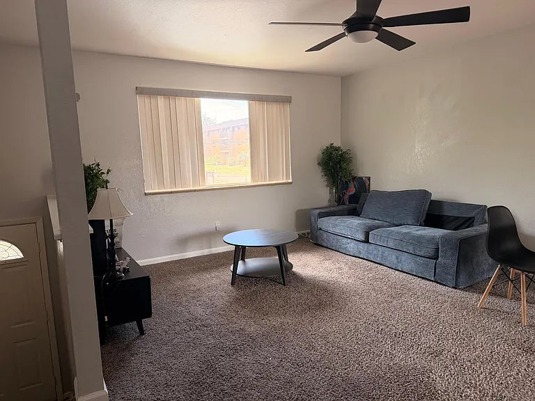 Open living room with plush carpet, ceiling fan, and a large window with vertical blinds; ample space for seating.