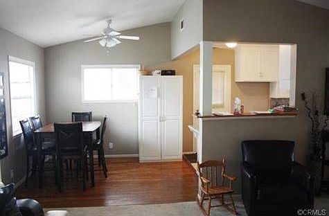 Dining room and kitchen (carpet has since been removed, fur