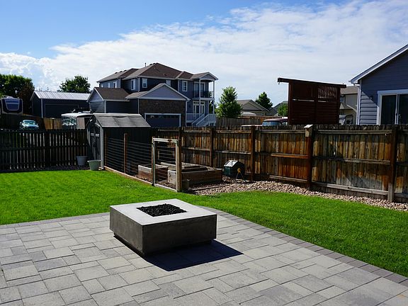 Propane fire pit, garden and shed