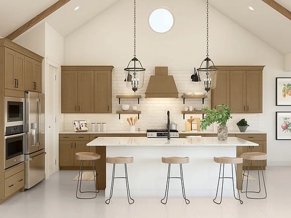 Kitchen with pendant lighting and stained ceiling beams