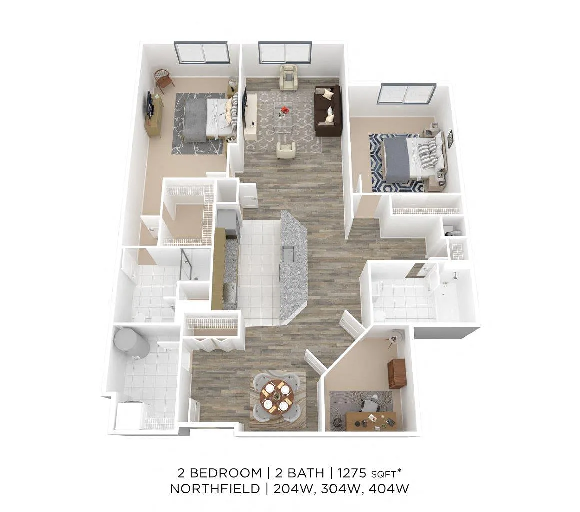 Floor plan Two Bedroom 2 Bath - 1,275 sqft