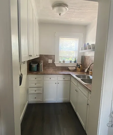 Gallery Kitchen. Double Sink Bowl. Cabinets. Shelf Above Sink.