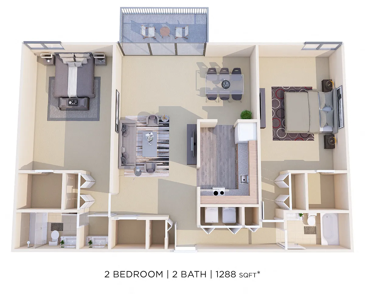 Floor plan Two Bedroom 2 Bath - 1,288 sqft
