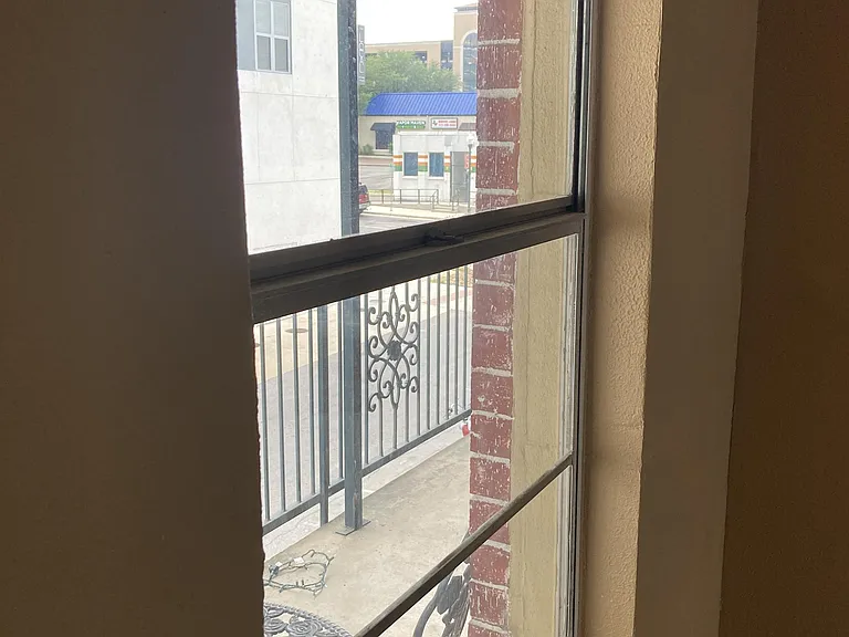 view of patio from the living room window.