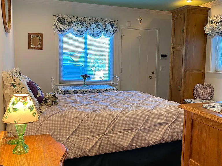 Studio Entrance w/Hardwired Security Alarm Pad, vintage Oak Nightstand w/USB & surge protector outlets