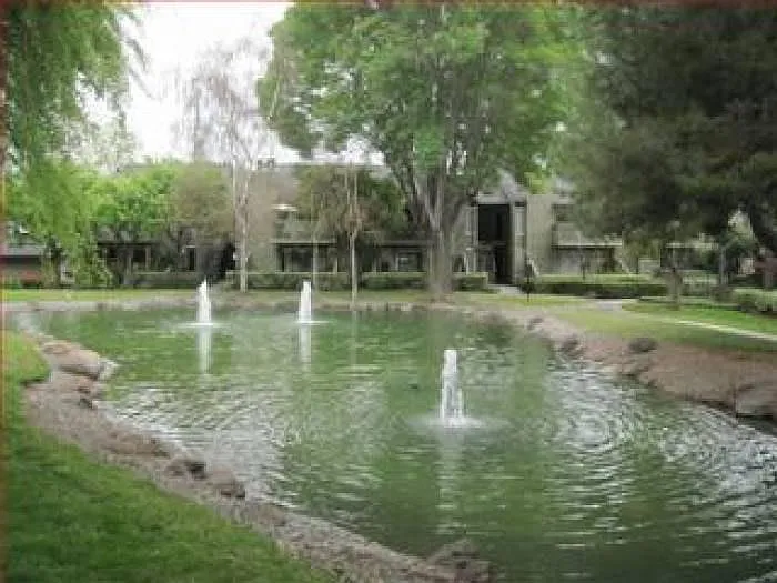 Grounds: Fountain view from deck