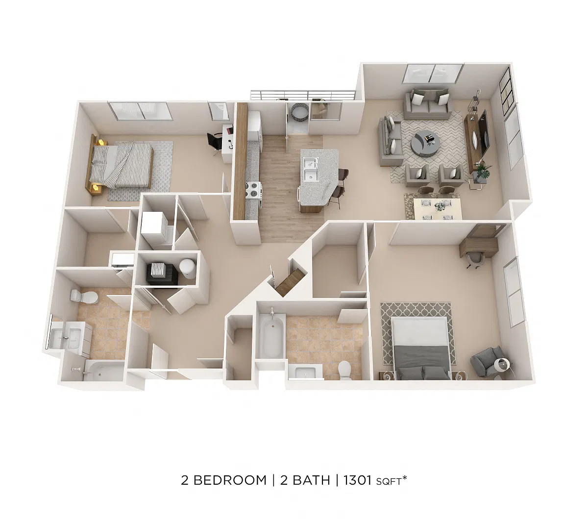 Floor plan Two Bedroom 2 Bath- 1301 sqft