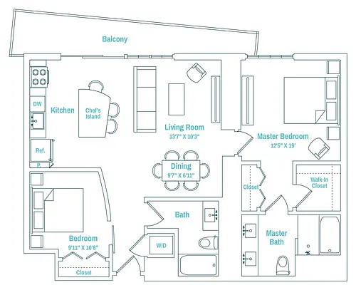 Floor plan 1 Bedroom + Den, 2 Bathroom