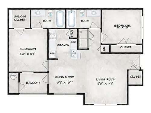 Floor plan 2 Bed, 2 Bath B (60% Income Restricted)