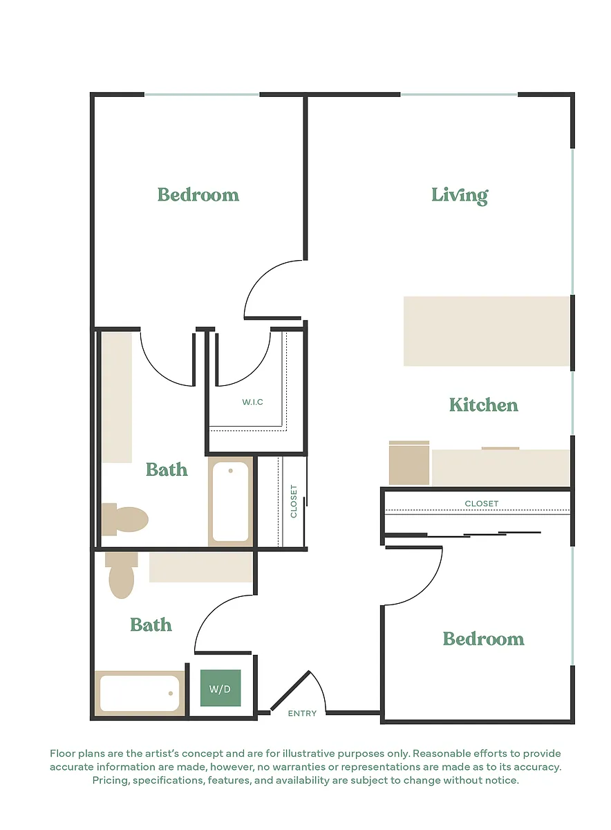 Floor plan 2 Bed, 2 Bath - Apt D