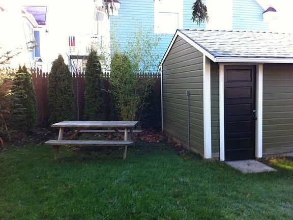 Back yard with rebuilt garden shed. New shrubs. Fast growing bamboo was planted behind the shed to provide more privacy in the years to come.