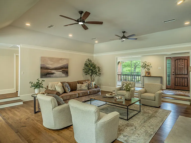 Cozy up by the stone fireplace for a movie night.