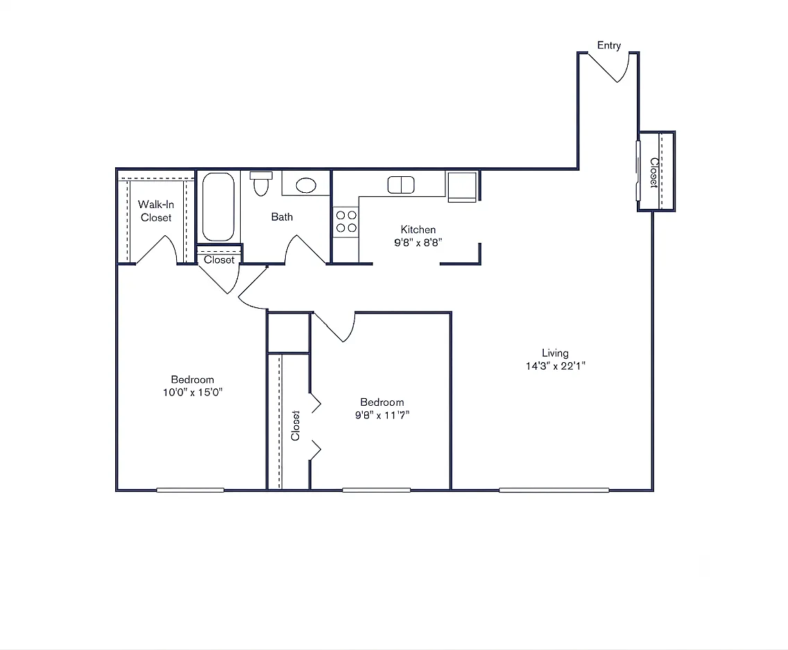 Floor plan Phase I, D, 2 Bedroom, 1 Bath
