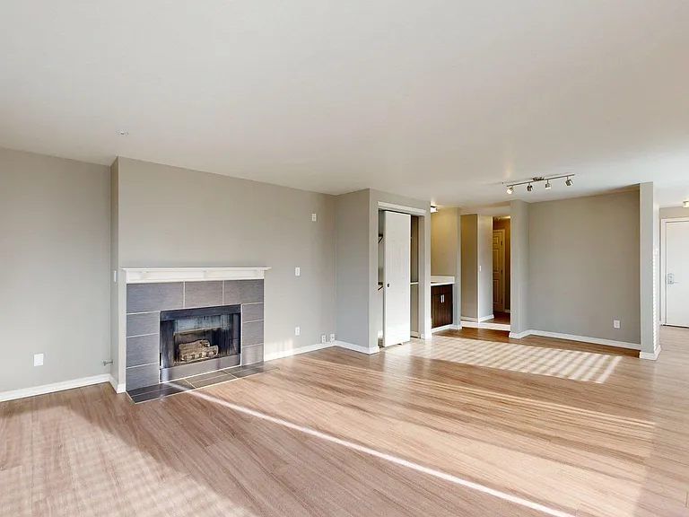 Apartment living room with wood-style flooring and fireplace.
