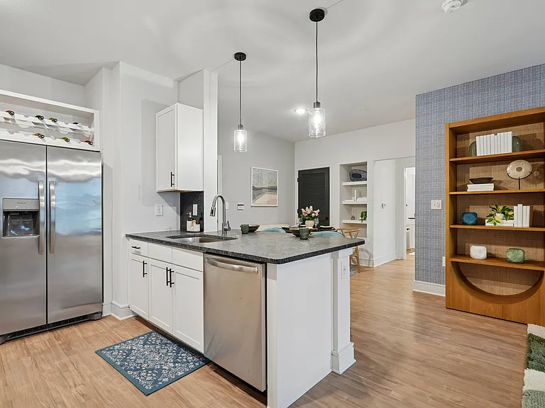 Kitchen with Granite Countertop and Stainless Steel Appliances.
