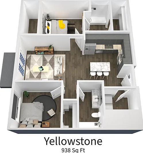 Explore the Yellowstone apartment's contemporary design, offering comfort and style across 938 sq ft. Explore the Yellowstone apartment's contemporary design, offering comfort and style across 938 sq ft.