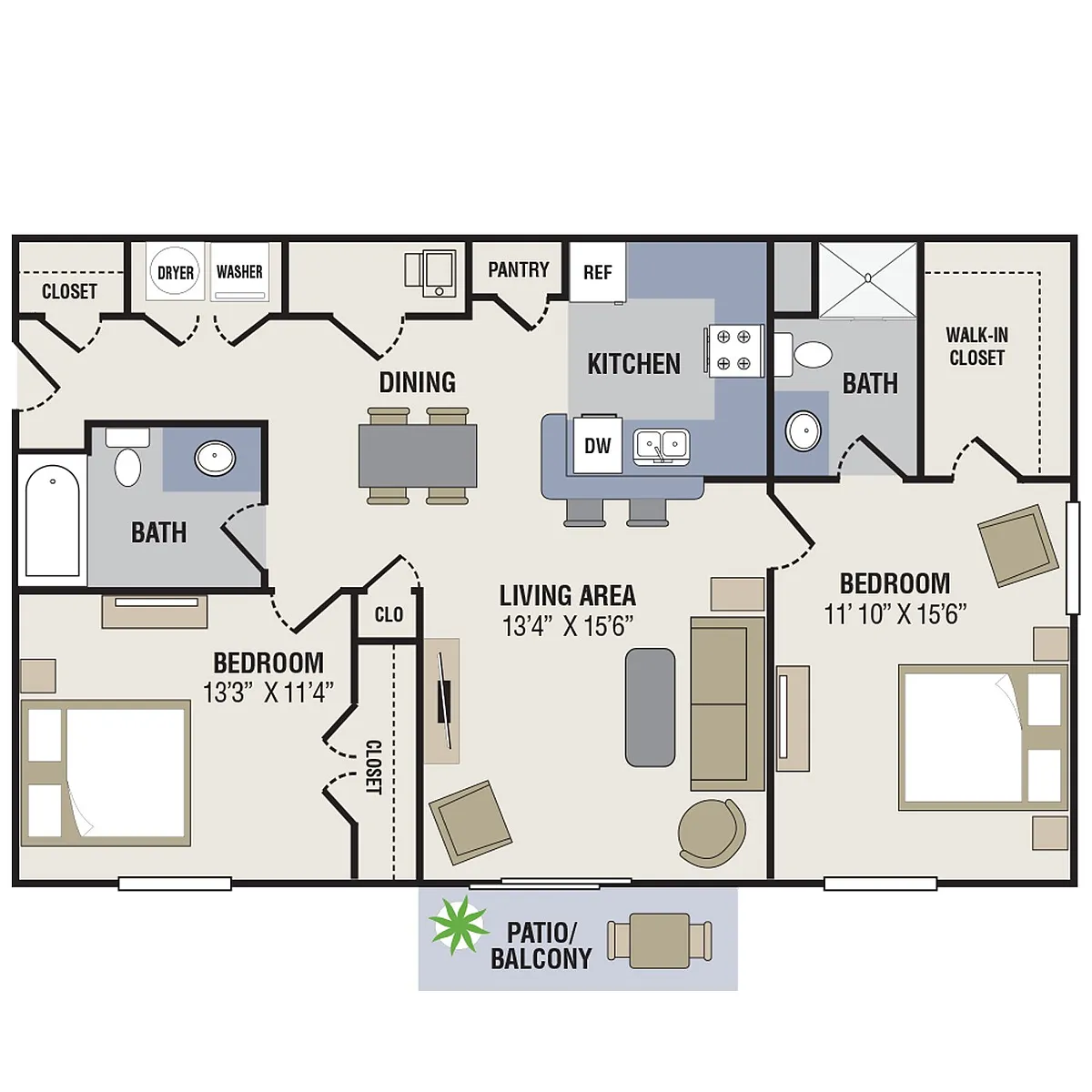 Floor plan 2 Bedroom, 2 Bathroom - 1102 SF