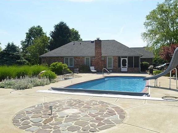 Exterior Back. Large in-ground pool with lots of play area around. 3-5 foot, just the right size for all the family. Room to entertain a small army. Complete with pool cover, heater (if needed), slide & more.