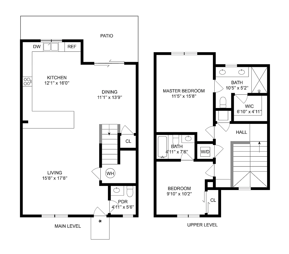 Floor plan 2 BR x 2.5 BA Townhome with Washer/Dryer - B