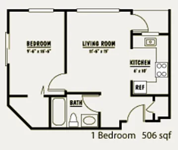 Floor plan 1 Bedroom - 60% AMI