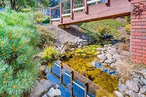 Pond with waterfall in front of house