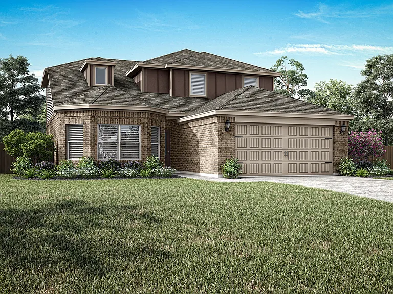 The two-story Gideon floor plan is a beautiful brick home with siding accents.
