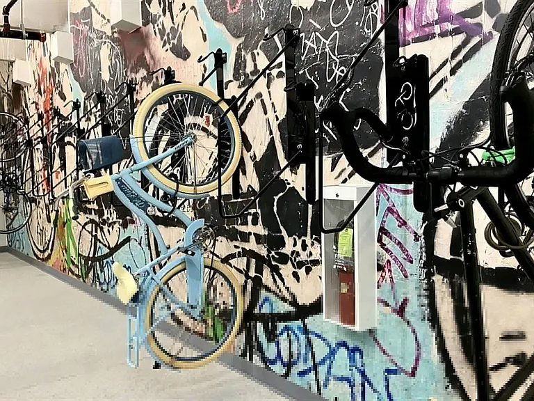 On-Site Indoor Bike Storage at Domain at The Gate with Artistic Mural Wall