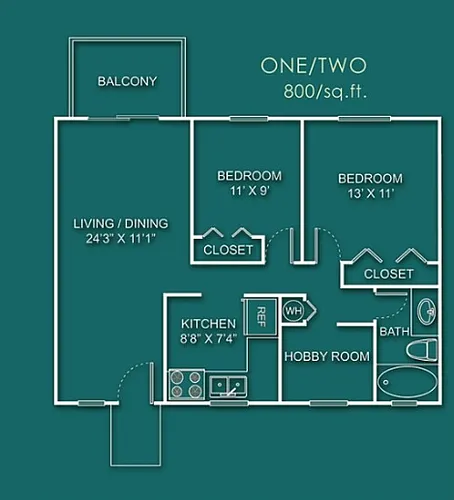Floor plan 2 Bedroom 1 Bathroom