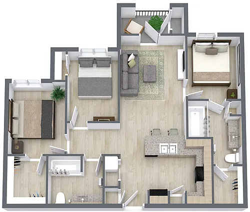 Floor plan Three Bed/Two Bath - 1070 sq ft - 60% AMI