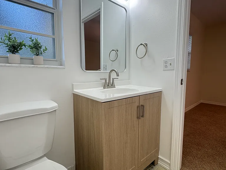 Master bathroom has been updated with a brand-new cabinet, a stylish mirror and modern faucet.