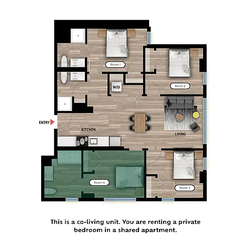 Floor plan Private Bed in a 4 Bed 3 Bath A - RM4-Private Bath