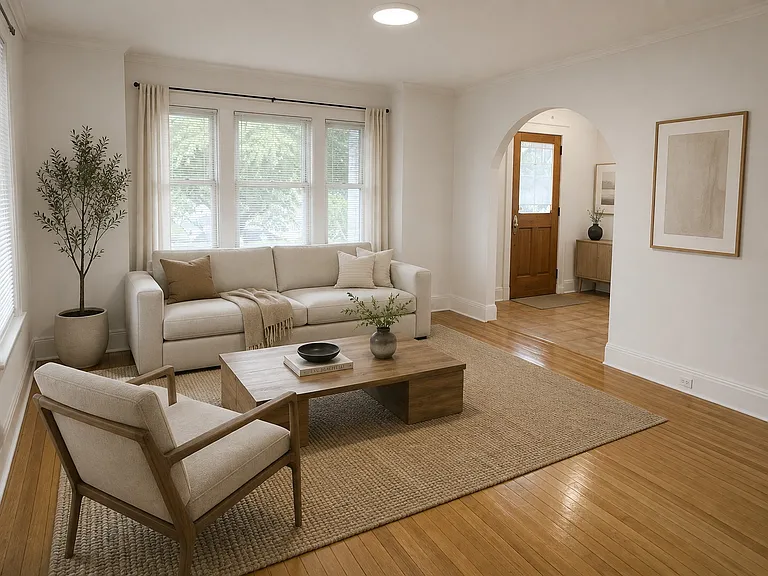 Bright living room, virtually staged