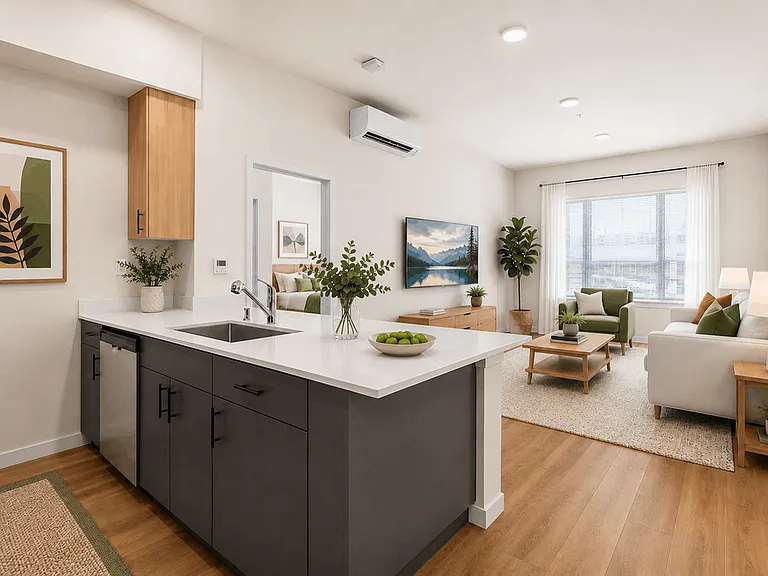 Open-concept 2-bedroom apartment with quartz countertops, modern finishes, and spacious living areas at 27 West Apartments.