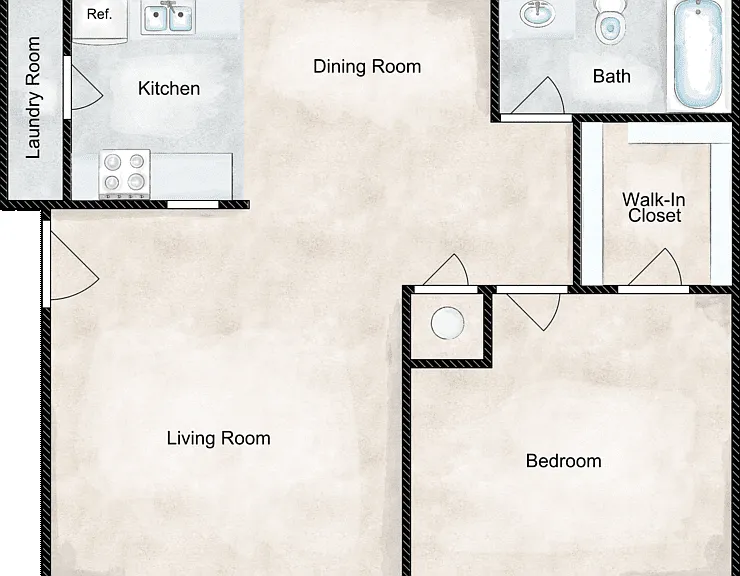 1 Bedroom 1 Bath Floorplan Diagram