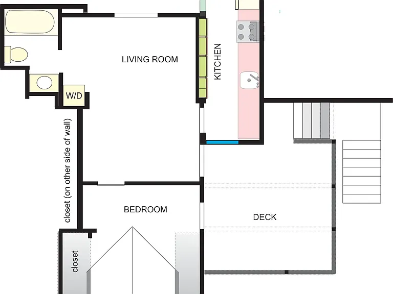 Floor plan. Bedroom measures 10' x 12' (shaded aread show lower caiiling). Living room 11' x 15' Kitchen 5' x 14' Deck 12' x 12' Note apartment-size washer and dryer.