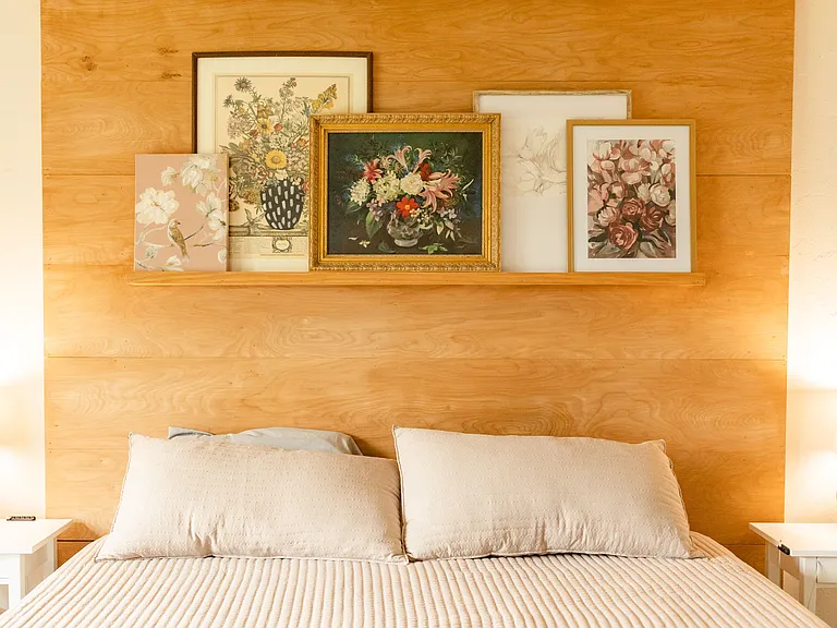 Custom built headboard for bed.