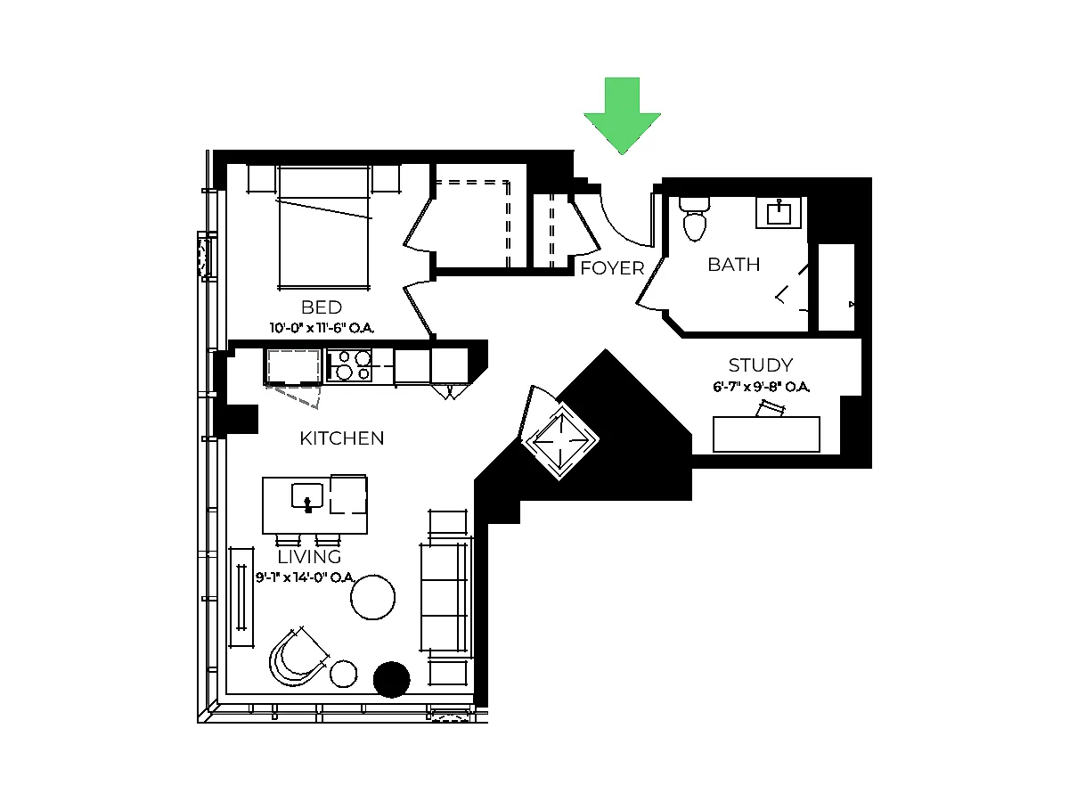 Floor plan AD16A | 1 Bed | 1 Bath | Den