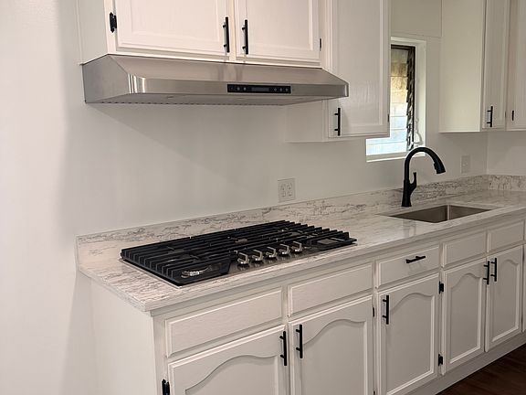 The kitchen area features high-performance quartz countertops with a modern stovetop, a deep single basin sink, and custom white wood cabinetry with black finishes.