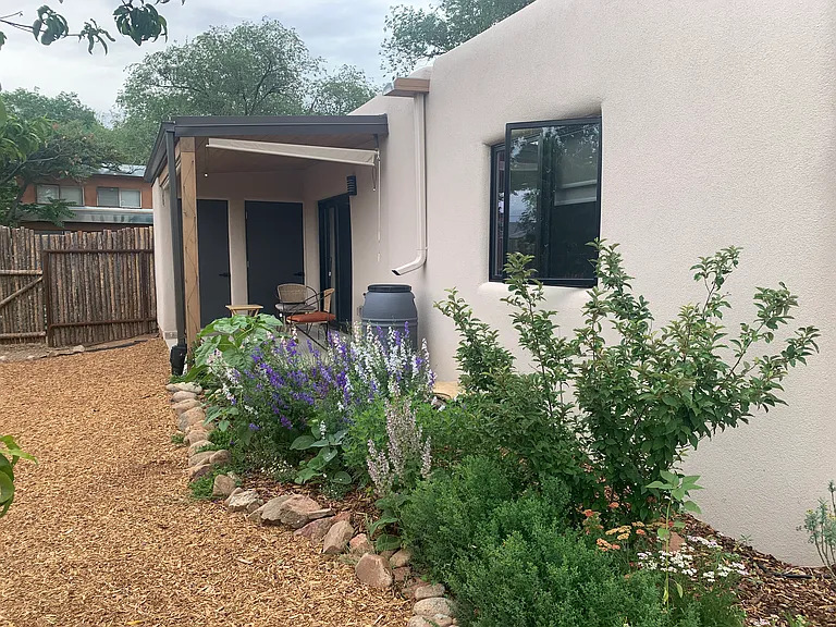 West portal shades and garden.