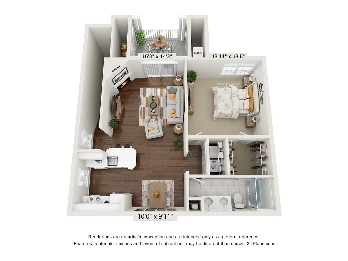 Floor plan Hen One - 1 Bedroom 1 Bath 2nd Floor Interior