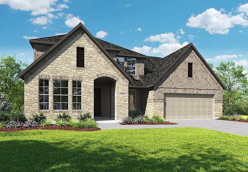 Elevation D is a two story brick and stone home design with herringbone brick pattern details and ar