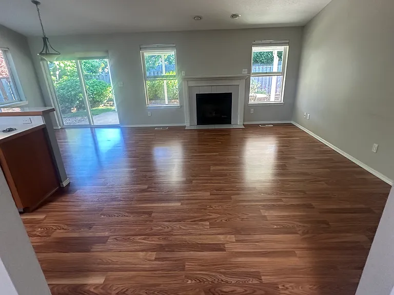 Great room: family room, dining room, kitchen, gas fireplace, and access to backyard.