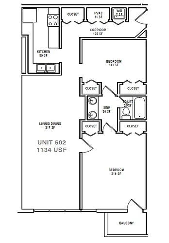 Floor plan B3 Two Bedroom / One Bath